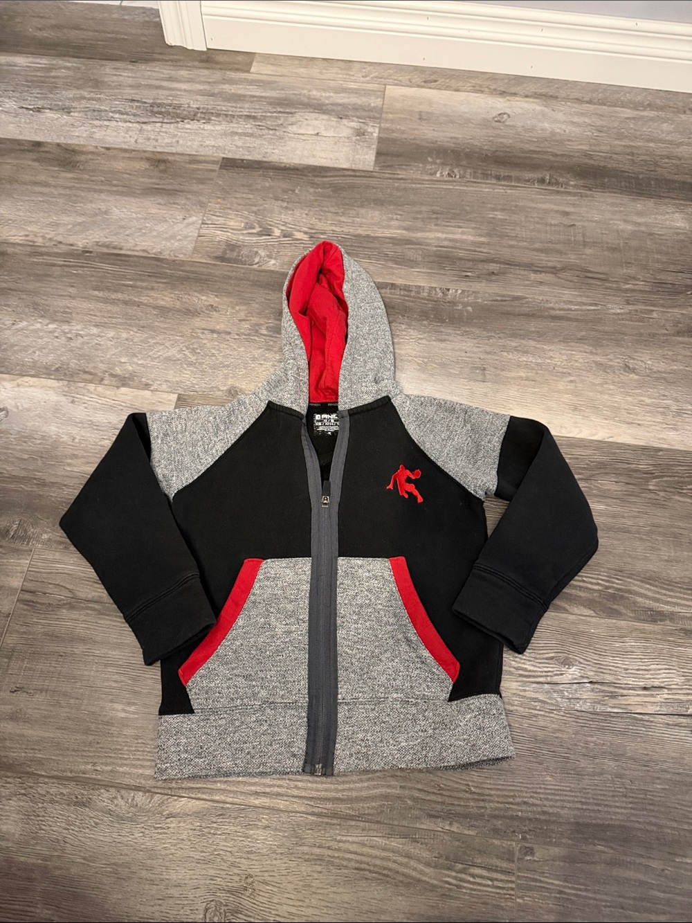 Kids Black & Gray Zip-Up Hoodie with Red Accents